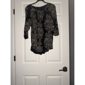 Lucky Brand Plus Size Black W Tan Floral Print Keyhole Top 2x
